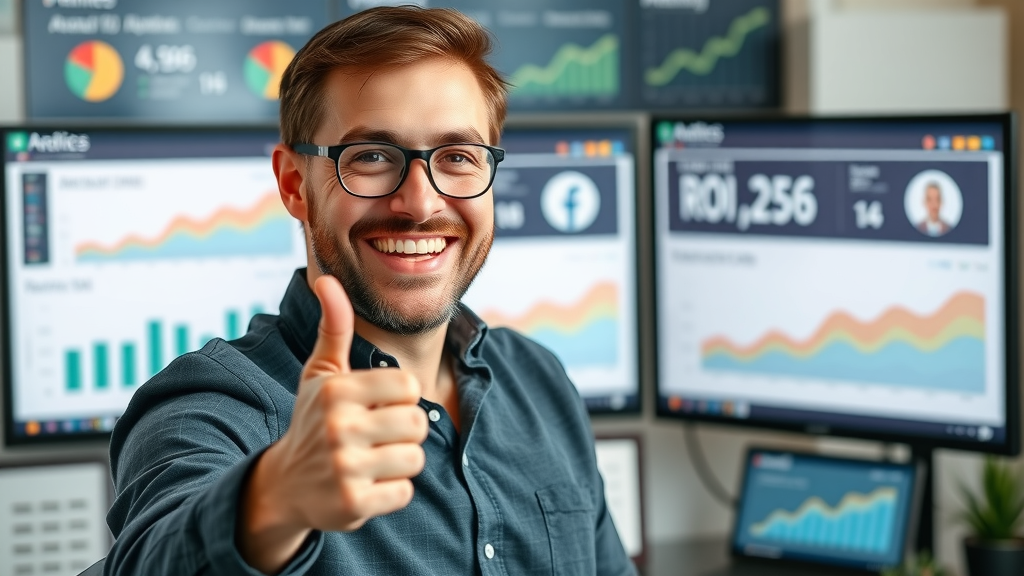 Joyful entrepreneur giving a thumbs up in front of analytics screens showing ROI growth from social media marketing services.