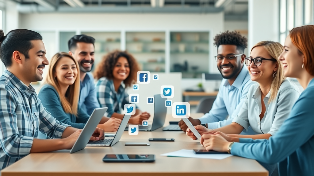 A vibrant diverse group of professionals discussing media marketing strategy in a modern coworking space, with digital social media icons hovering above devices