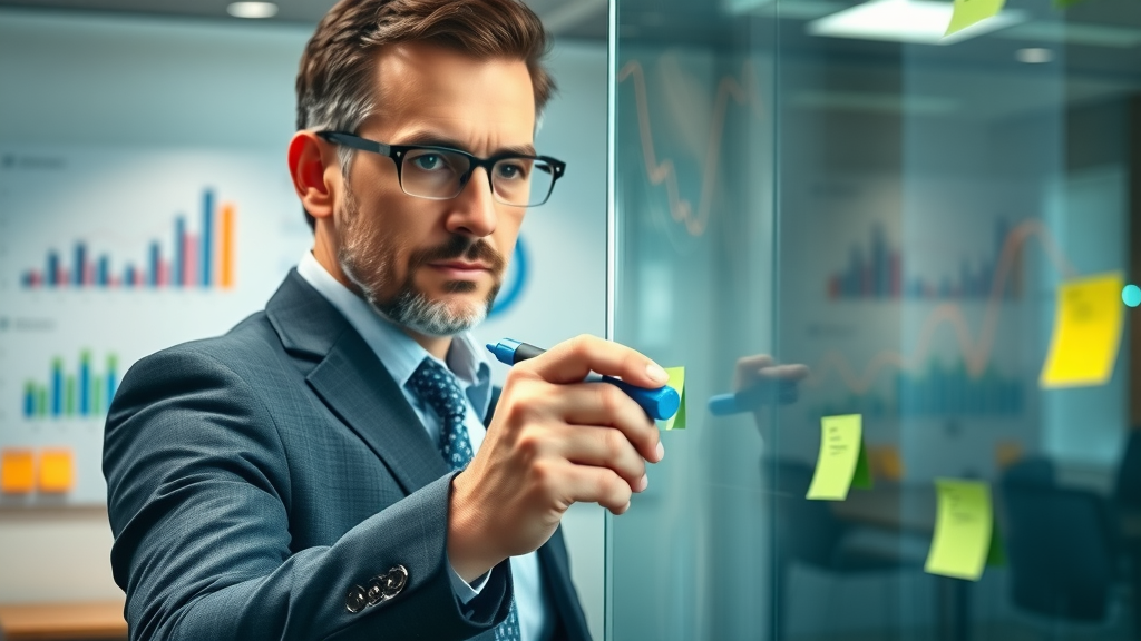 Business leader setting clear marketing goals on a glass board, planning a media marketing strategy