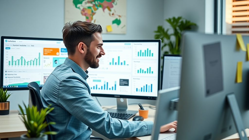 Modern marketer analyzing multiple social media platforms with real-time dashboards