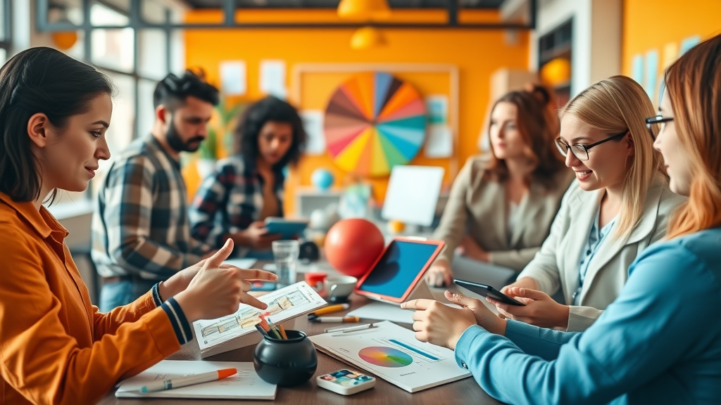 Creative content creators collaborating on social media content ideas in a vibrant studio