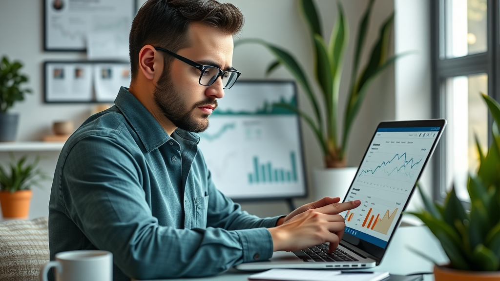 Digital marketer analyzing results from paid media marketing campaigns on a laptop