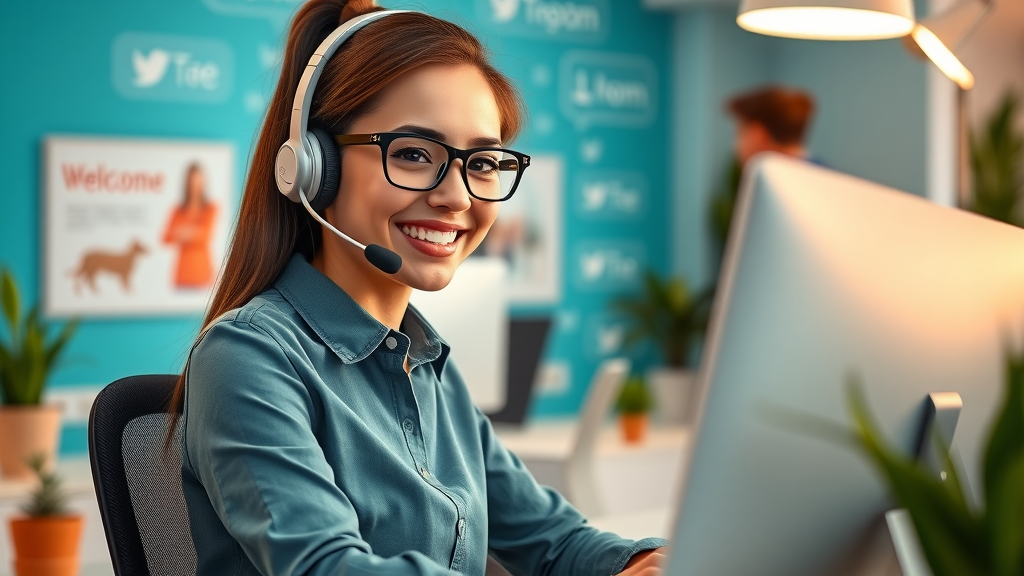 Friendly customer service rep chatting with customers via social media platforms in a vibrant office