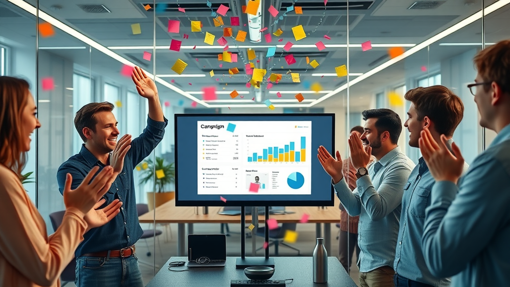 Marketing team celebrating real results from a social media campaign with digital analytics screens in a glass-walled meeting room