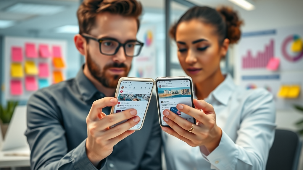 Innovative marketers comparing two versions of social media content for A/B testing