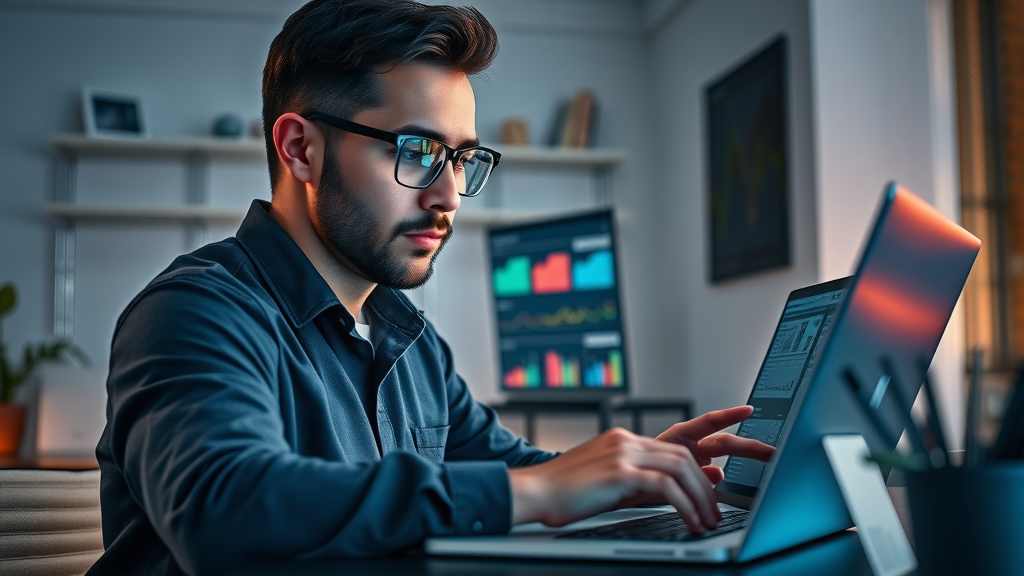 Tech-savvy marketer tracking social media marketing trends on a laptop in a modern workspace