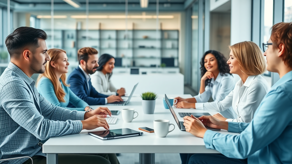 Enthusiastic professionals discussing digital media marketing strategies during a vibrant business meeting in a modern office environment.
