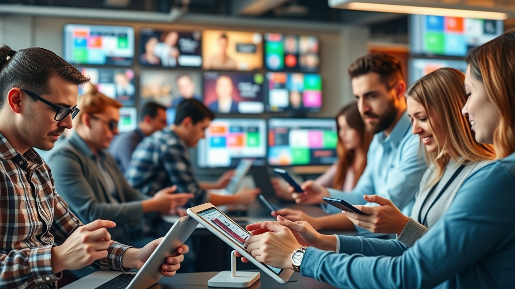 Dynamic team of marketers utilizing diverse digital marketing channels in a creative agency, each focusing on social, content, search, and influencer strategies for business growth.