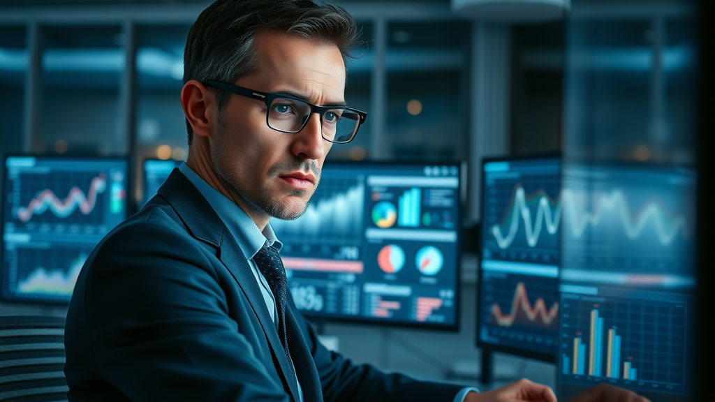 Analytical professional examining digital media marketing performance dashboards and metrics in a modern office for data-driven campaign optimization.