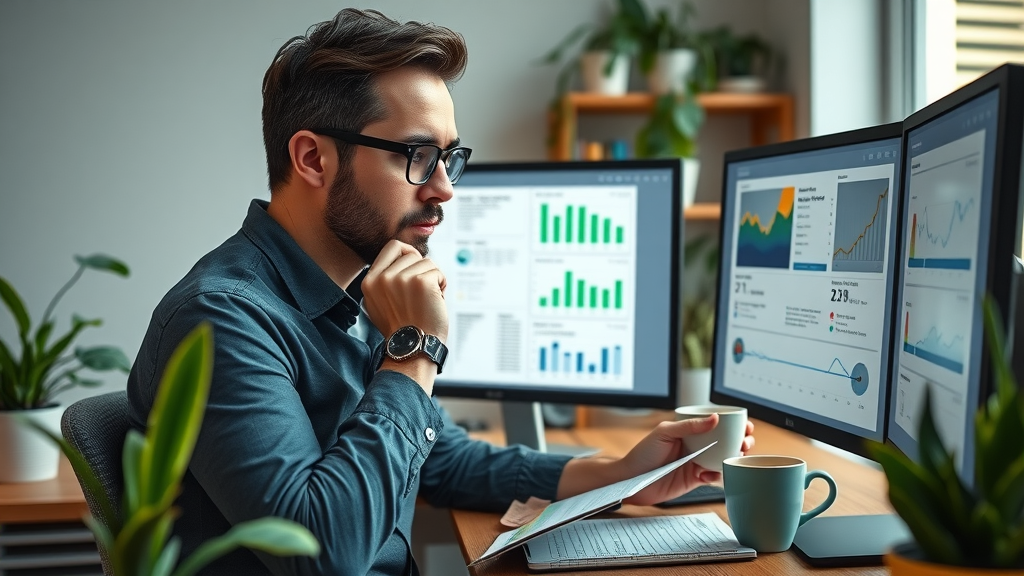 Skilled marketer analyzing A/B test data for digital media marketing optimization in a modern, plant-filled office, demonstrating continuous improvement practices.