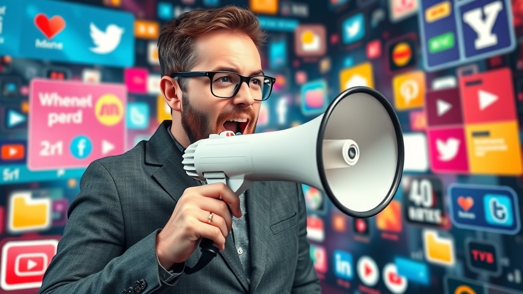 Marketer using a megaphone to cut through digital noise and stand out on social media and online channels in a vibrant, abstract digital space.