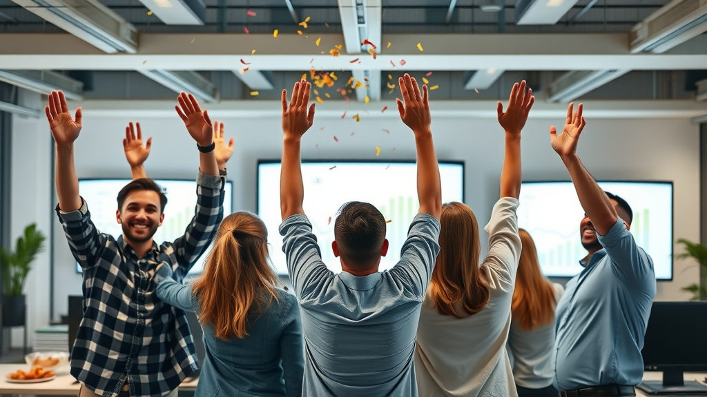 Marketing team celebrating increased brand awareness through social media marketing as digital engagement metrics climb on big screens in a modern office.