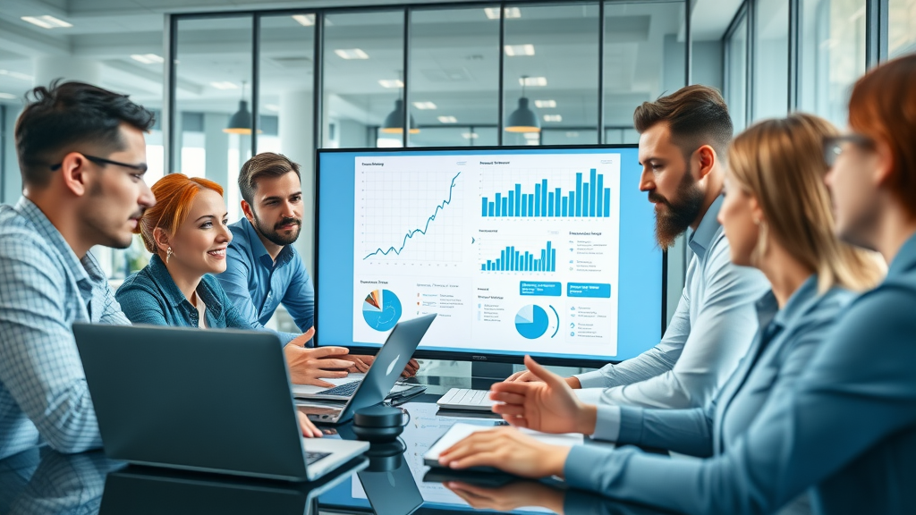 business team analyzing digital video marketing statistics with video content charts and analytics, video marketing campaign, and brand awareness under modern office lighting
