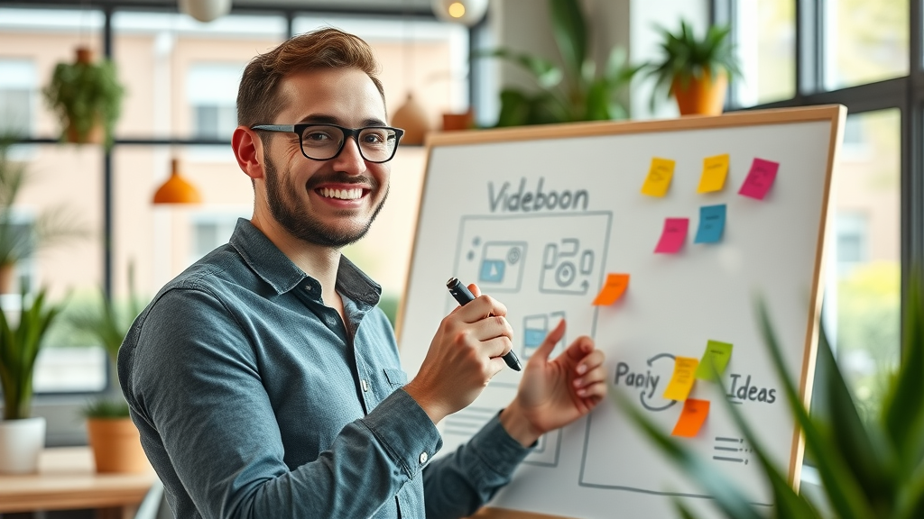 digital marketer brainstorming video marketing strategy and content ideas for video marketing campaign in a creative, colorful office