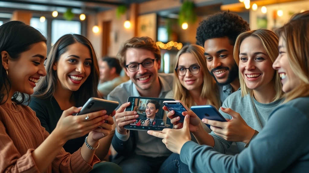 diverse group exploring branded video content and marketing videos for brand awareness on social media platforms in casual lifestyle setting