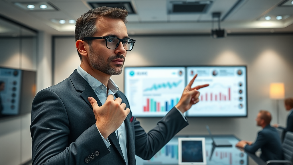 video marketer presenting digital marketing strategy and target audience profiles for video marketing campaign in a high-end boardroom