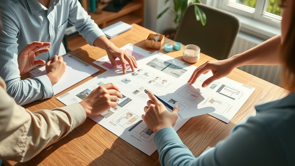 creative team using visual storytelling to plan effective video content for marketing video with sketch panels and collaborative ideas in a bright workspace