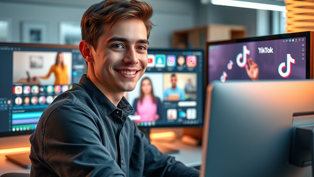 marketer optimizing and editing short-form video content for YouTube, Instagram, TikTok with visible user interfaces and media video editing tools