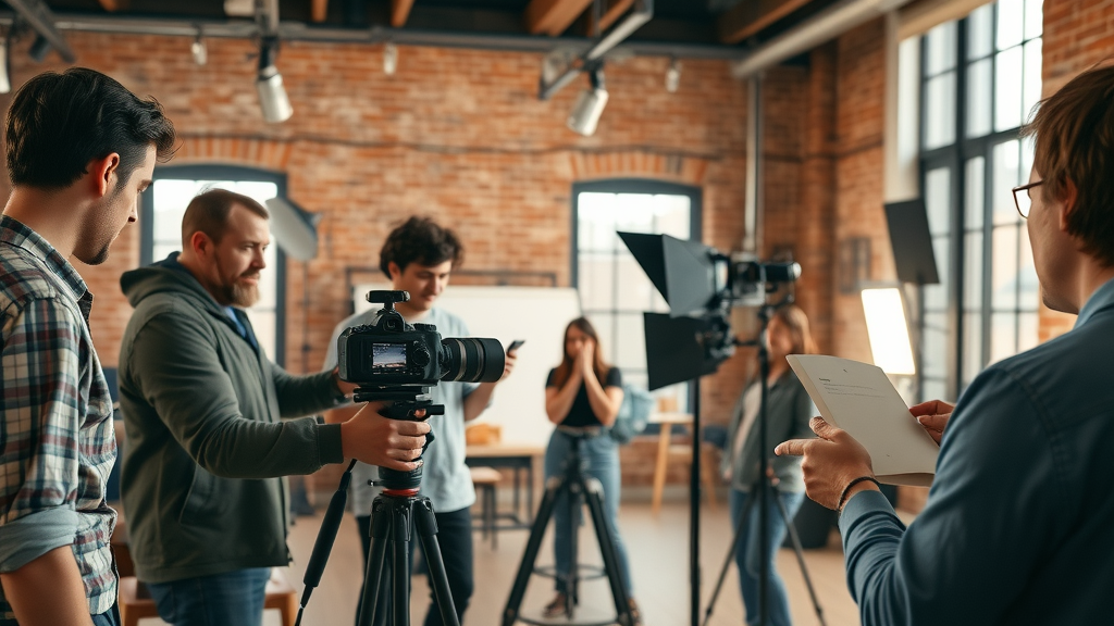 behind-the-scenes video production with marketing team, video marketing campaign, and authentic storytelling in an industrial studio setting