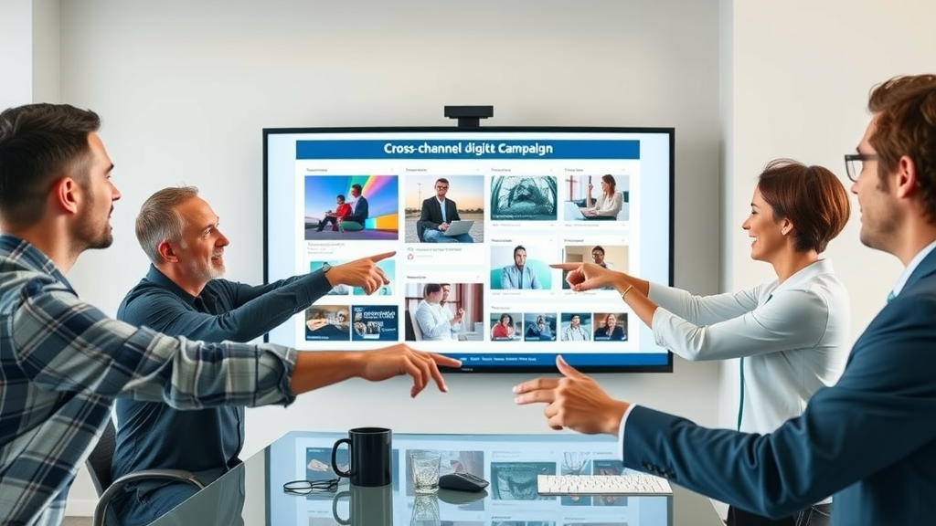 marketing team reviewing digital marketing strategy with integrated brand video thumbnails on smartboard in modern boardroom