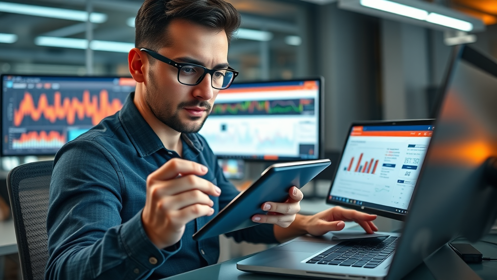 digital advertiser launching video ad marketing campaign and targeting settings on tablet with analytics in modern workspace