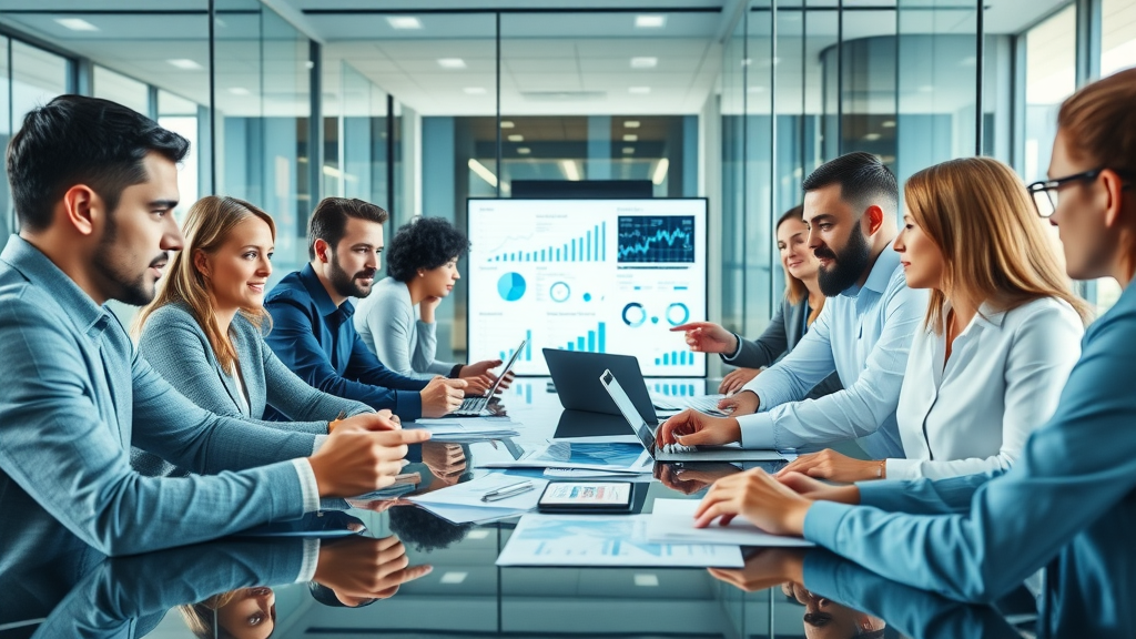 Digital advertising strategies brainstorming session, professionals analyzing charts and laptops, photorealistic, glass-walled modern office, high clarity, cool tone, natural daylight