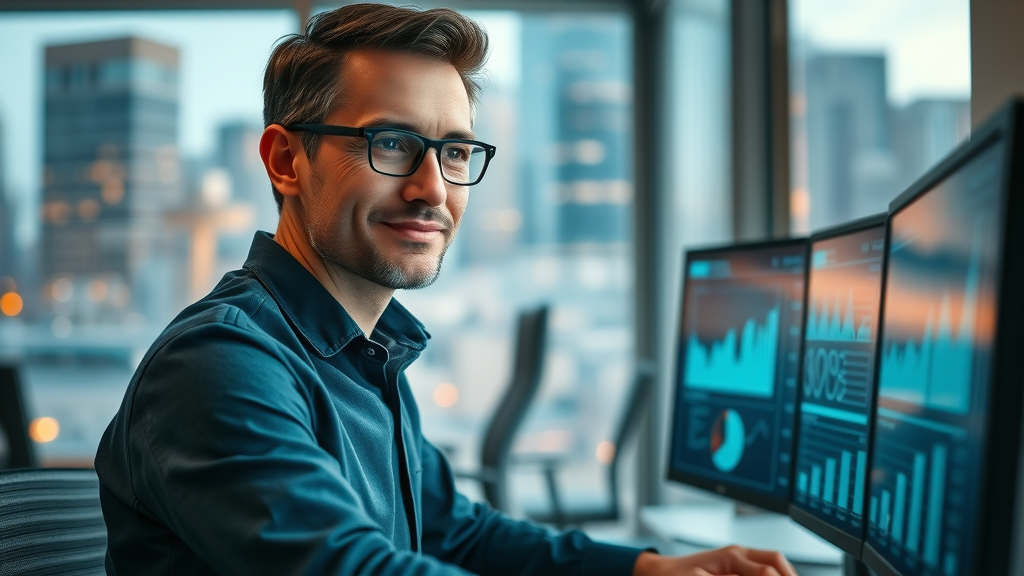 Digital marketer reviewing data dashboards, photorealistic, tech-savvy workspace, glowing graphs, blurred cityscape, shades of teal and grey