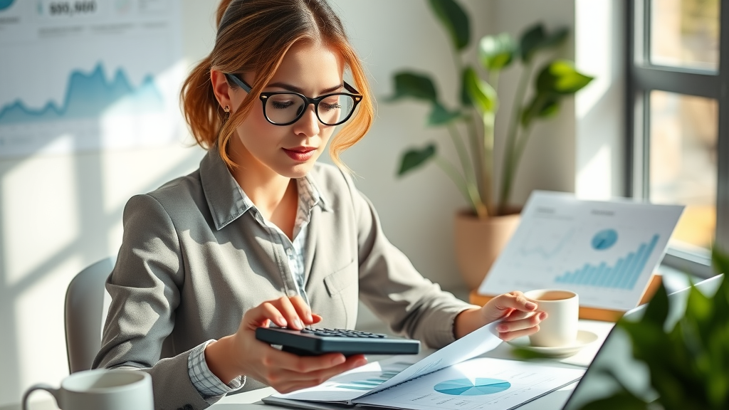 Planning ad spend, businesswoman organizing digital ad numbers, minimalist workspace, photorealistic, sunlit, earth tones and fresh greens