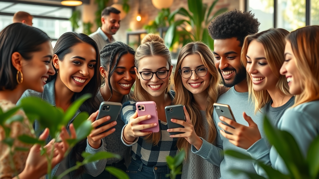 Social media advertising campaign, young adults engaging with a smartphone, photorealistic, urban coffee shop, warm lighting, diverse group