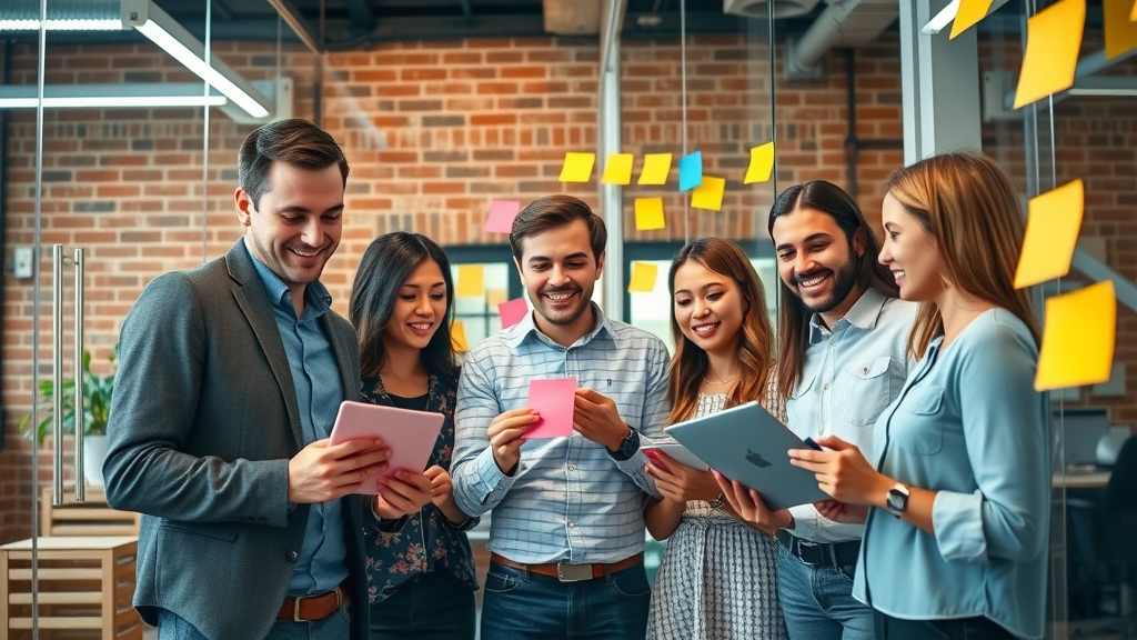 Content marketing and SEO team brainstorming, inspired professionals, trendy office, sticky notes, photorealistic, bright lighting