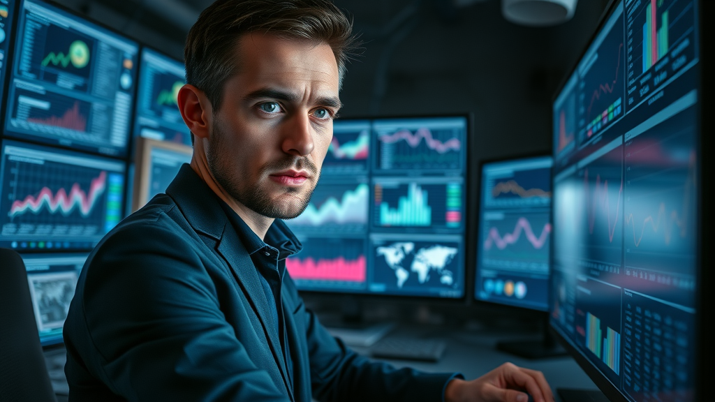 Professional analyzing digital marketing data, photorealistic, dark tech ops room, dynamic screens, contrasts of blue and violet