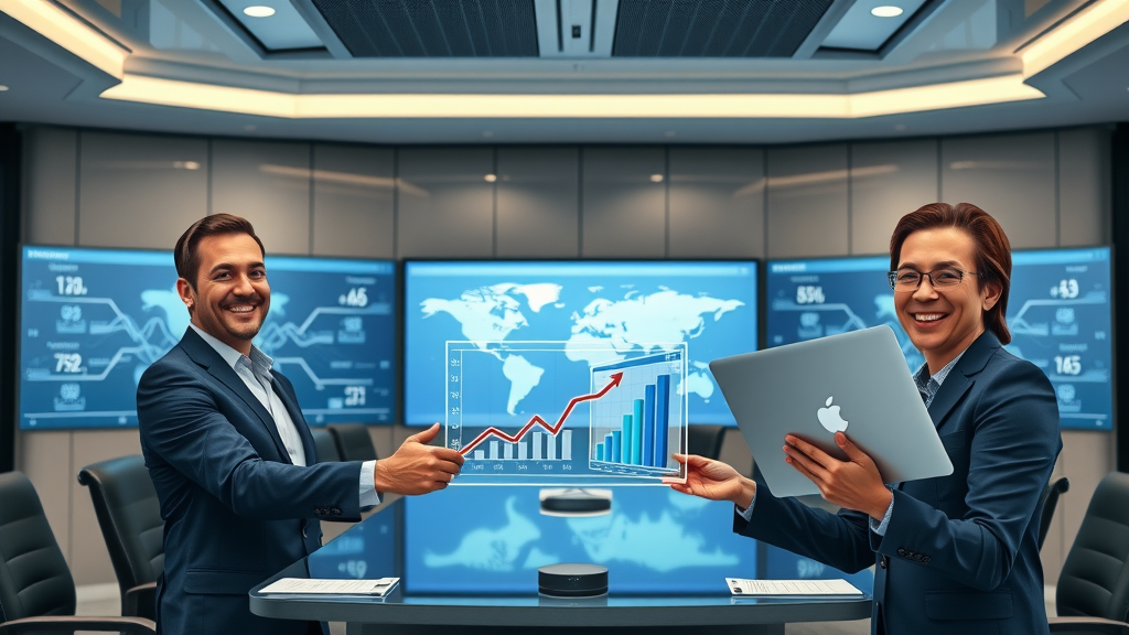 Executives reviewing digital ad growth, upmarket boardroom, photorealistic, analytics and social media integration, cool lighting