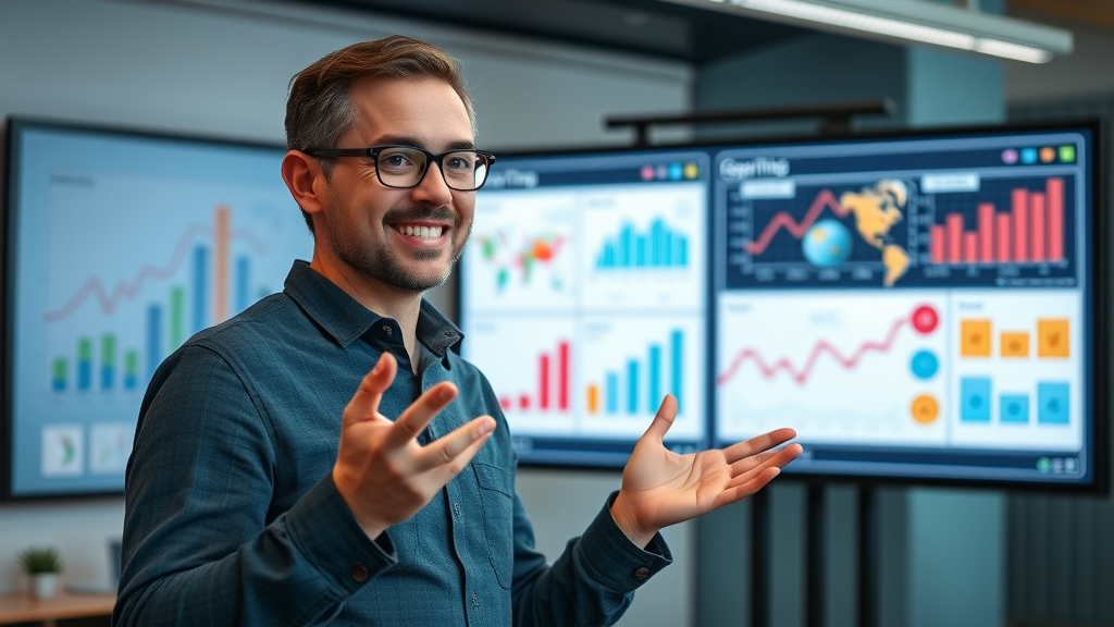 Video tutorial on digital advertising strategies, presenter gesturing at animated charts, modern studio, photorealistic, blue and green color theme