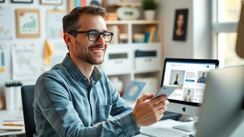 Web designer reviewing responsive landing page mockups, photorealistic, clean workspace, creative materials, soft whites and blues