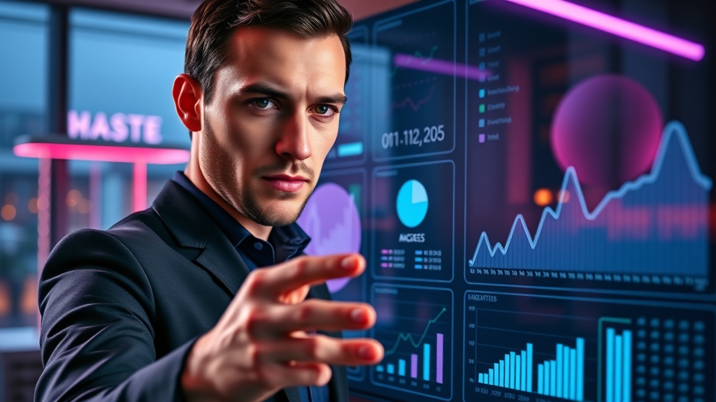 Marketer analyzing campaign KPIs, touch display, photorealistic, sleek office, vibrant purples and navy tones