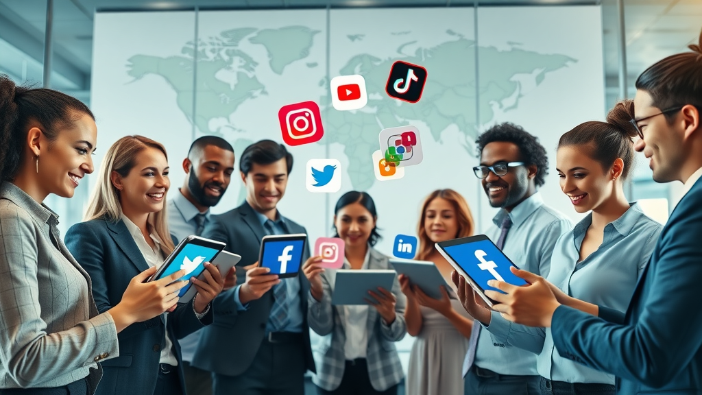 Dynamic team of diverse business professionals brainstorming over digital tablets displaying popular social media app logos. Social media platforms represented are Facebook, Instagram, YouTube, and TikTok in a collaborative business setting.