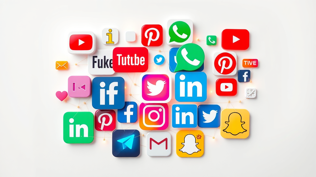 Creative collage showing top 10 social media platform logos including Facebook, YouTube, WhatsApp, Instagram, TikTok, LinkedIn, Twitter (X), Pinterest, Snapchat, Telegram in a vibrant mosaic for business marketing.