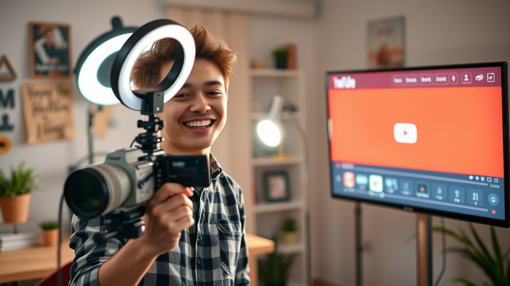 Enthusiastic young entrepreneur recording a video with a ring light for YouTube, surrounded by props and vibrant YouTube interface in a creative setting.