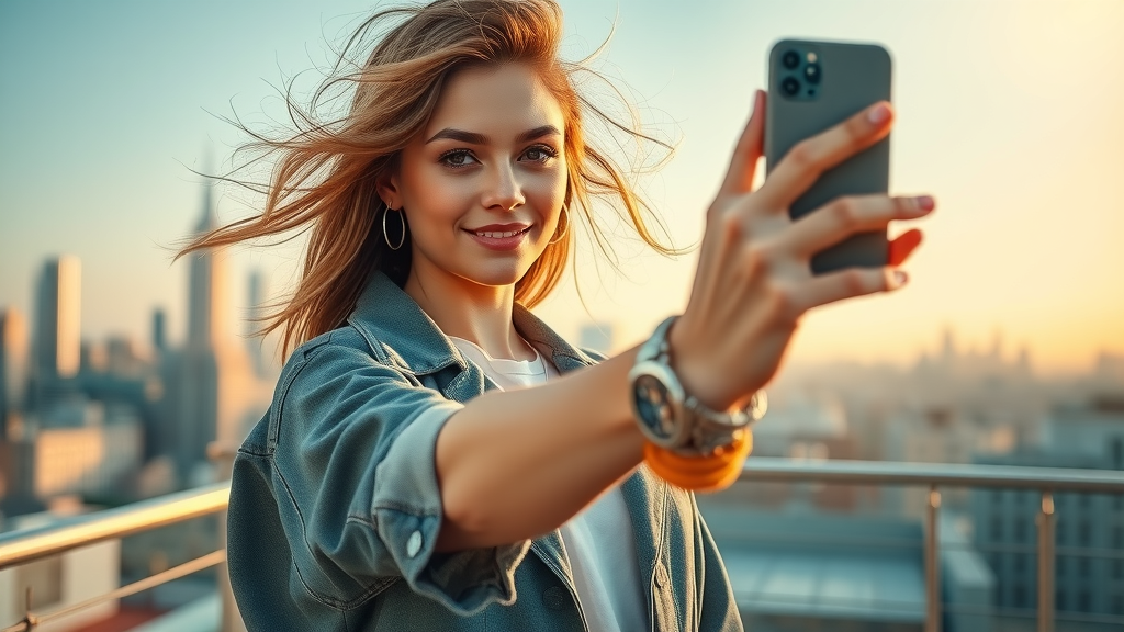 Trendy influencer posing for Instagram content with urban skyline background, demonstrating the vibrant possibilities of Instagram for visual storytelling and marketing.