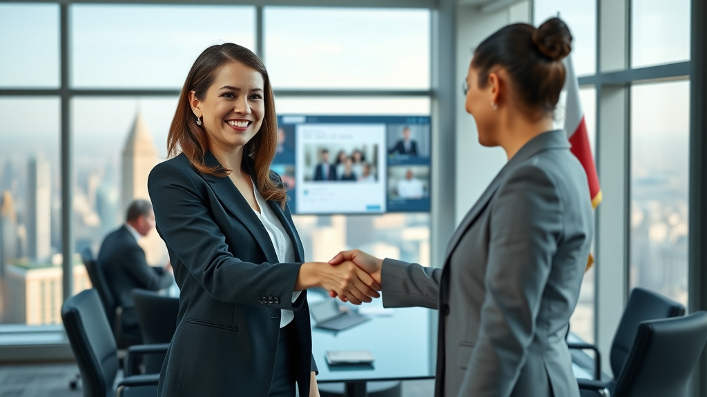 Professional businesswoman shaking hands in a conference room with LinkedIn interface on screen, highlighting LinkedIn for business networking and B2B media marketing.