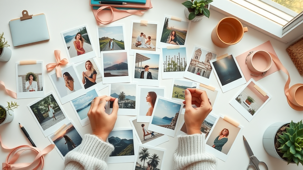 Creative flat lay of curated inspiration boards and images with hands pinning photos, illustrating Pinterest’s value as a visual discovery and business marketing platform.