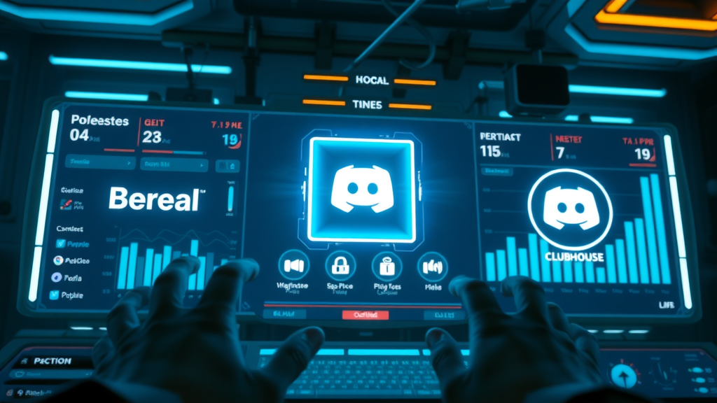 Futuristic digital dashboard showing emerging social media app icons like BeReal, Discord, Clubhouse in a high-tech environment, highlighting the future of media platform innovation.