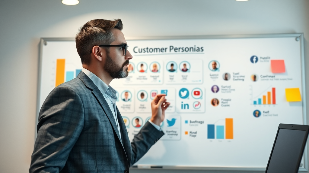 Strategic business owner mapping customer personas on a digital whiteboard with various social platform icons, emphasizing audience targeting for social media marketing.
