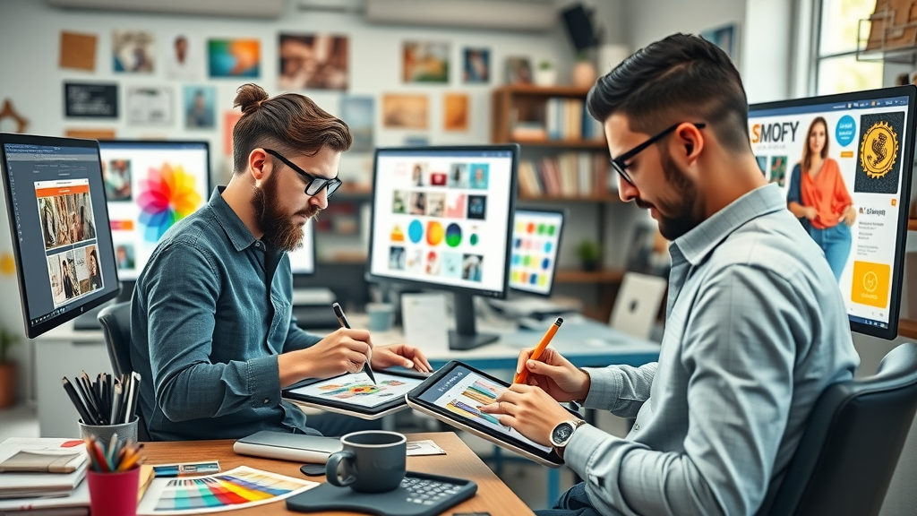 marketers designing paid social media ad graphics creative workspace