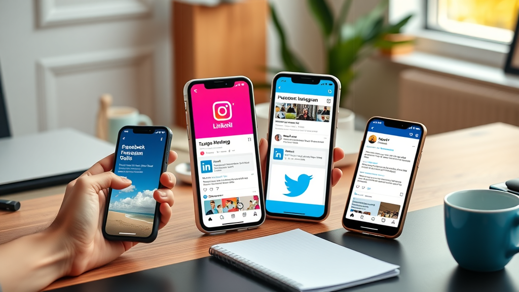 smartphones displaying facebook instagram linkedin twitter ad formats comparative workspace