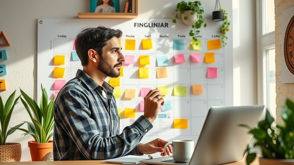 Creative marketer planning social media content calendar, color-coded sticky notes in a sunlit workspace with laptop and plants, warm tones