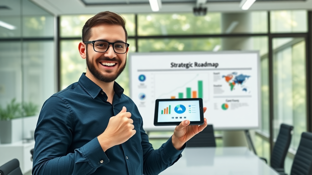 Confident digital marketer presenting content marketing strategic roadmap, growth charts on tablet, modern boardroom, motivating presentation