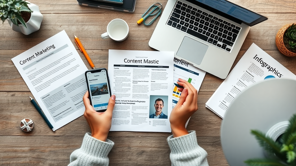 Modern flat lay of diverse content marketing materials, including blog posts, video content, infographics, hands arranging papers on wooden desk