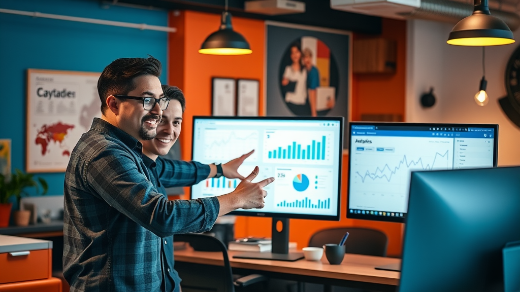 Energetic marketing team analyzing website analytics on monitor, collaborative review of interactive dashboards, vibrant digital agency