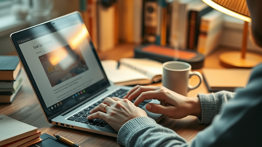 Thoughtful storyteller crafting a compelling blog post on laptop, cozy home office with books, paper notes, and soft lighting